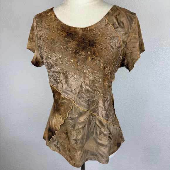 Y2K Brown Sequin Embellished Tie Dye‎ Short Sleeve Trendy Top Cute - Picture 2 of 7
